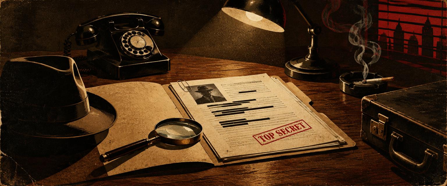 Un dossier d'enquête sous une lampe de bureau, avec une loupe et un chapeau feutre